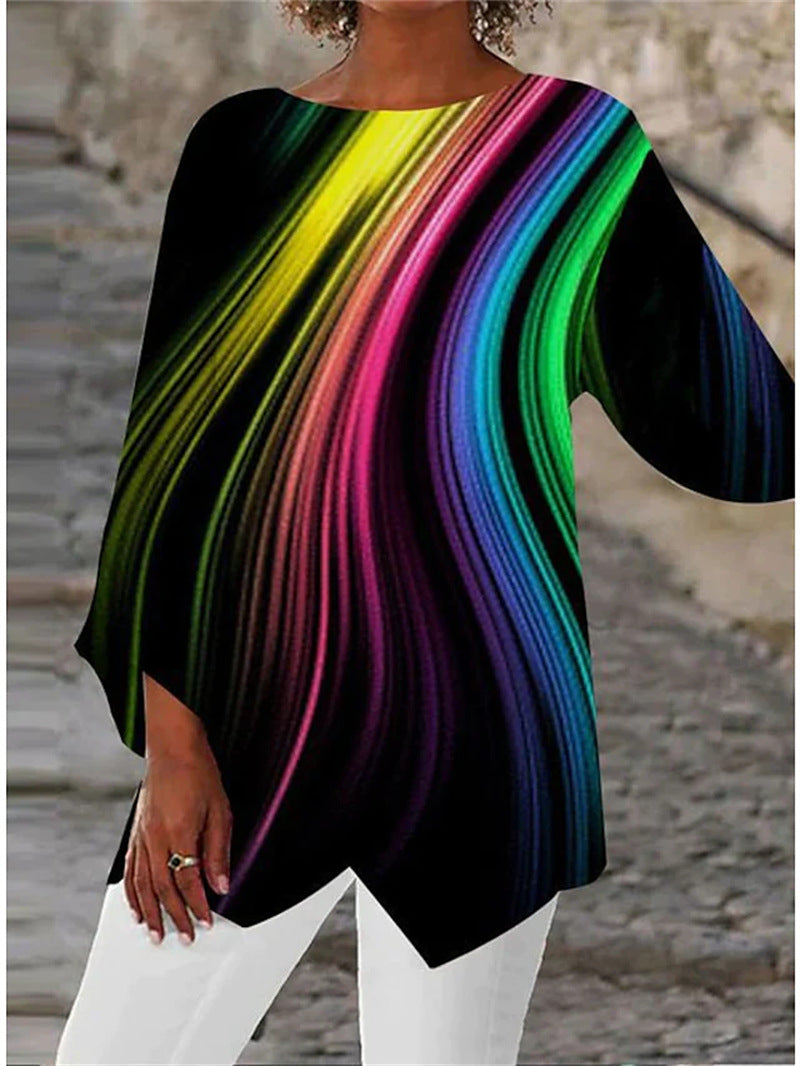 [In Stock] 2023 Amazon AliExpress Wish Cross-Border Spring and Summer Geometric Printed Long Sleeve Patchwork round Neck Shirt