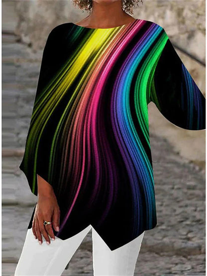 [In Stock] 2023 Amazon AliExpress Wish Cross-Border Spring and Summer Geometric Printed Long Sleeve Patchwork round Neck Shirt
