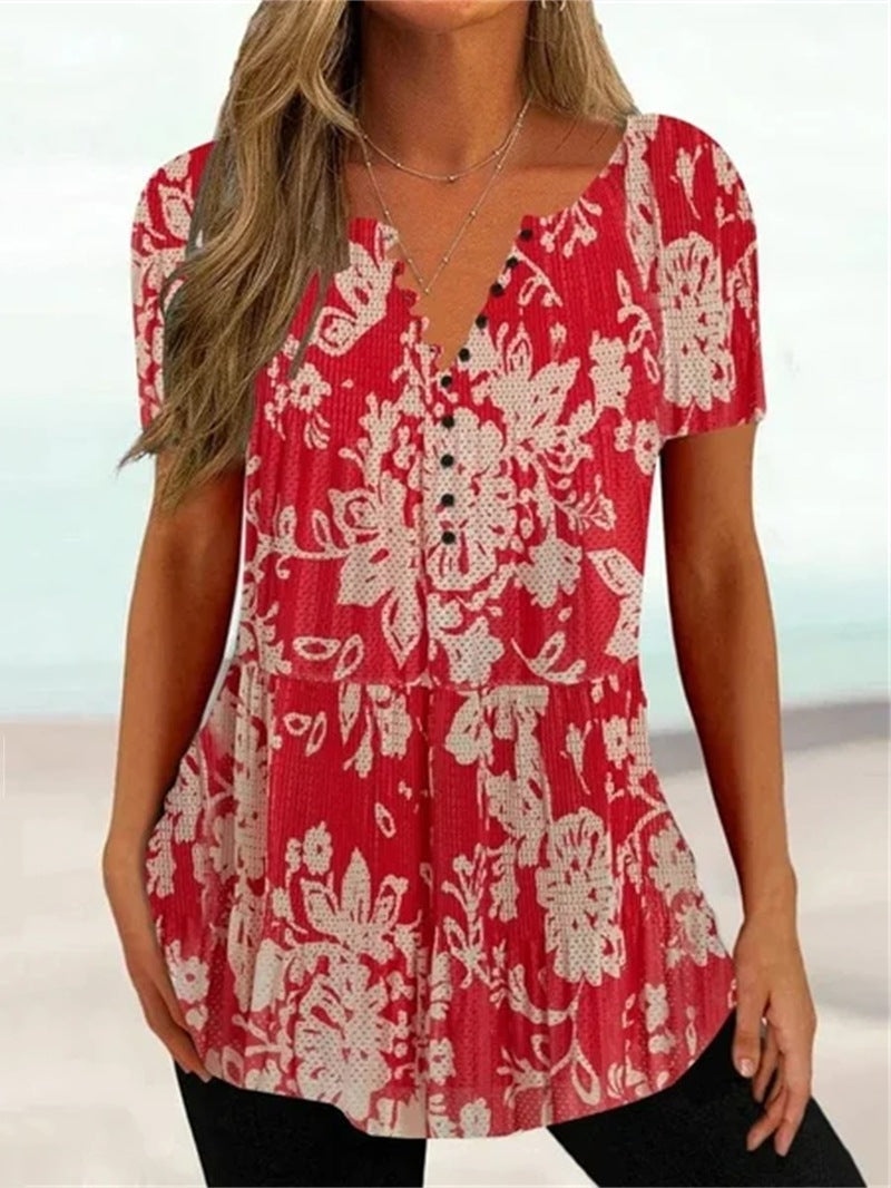 Tricou cu mânecă scurtă, cu decolteu în V, cu nasturi, pentru femei