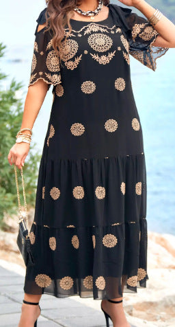 Amazon Cross-Border Summer Fashion New Middle-Aged Mom Hollow Dress Short Sleeve Loose over-the-Knee Printed Dress