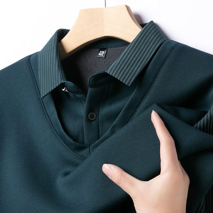 Autumn and Winter Fake Two-Piece Fleece-Lined Thickened High-End Boutique Men's Polo Shirt Middle-Aged and Elderly Warm Sweater Men Polo