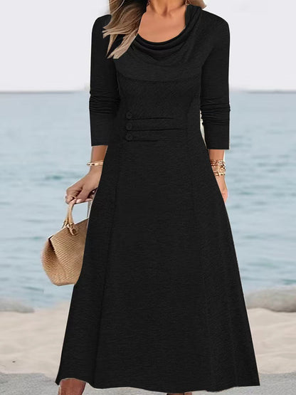 2023 noua rochie de toamna de culoare solida cu talie de buzunar cu gat rotund