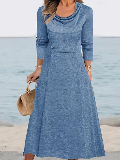 2023 noua rochie de toamna de culoare solida cu talie de buzunar cu gat rotund