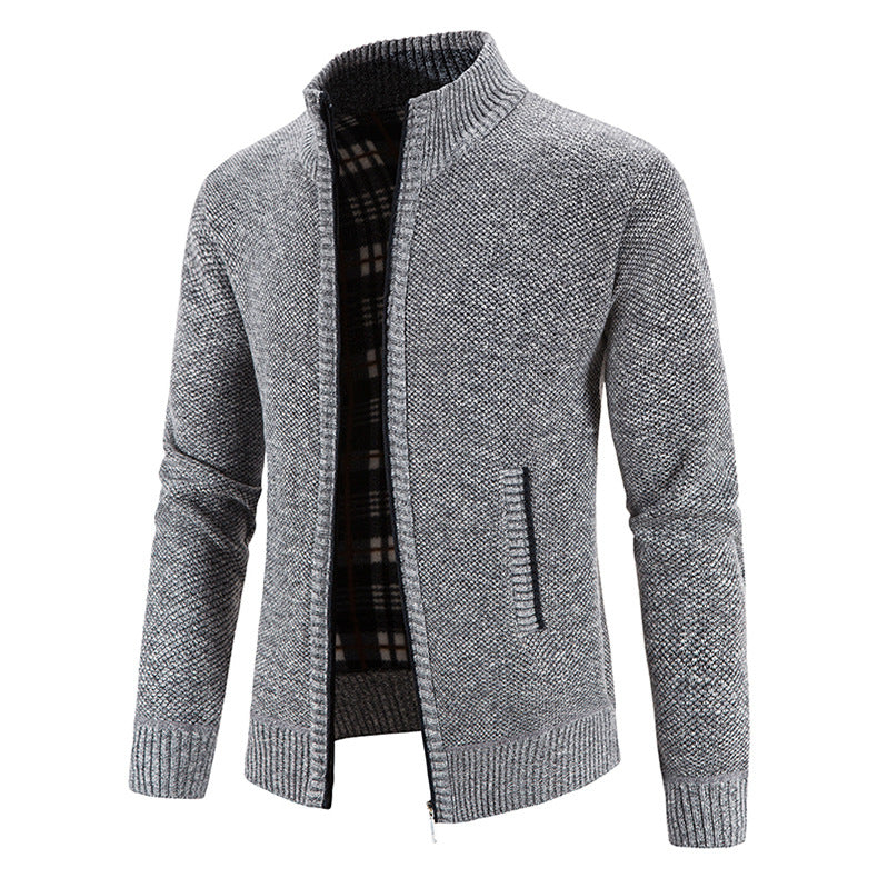 2023 Autumn and Winter Cross-Border Slim Men's Fleece-lined Thickening Stand Collar Cardigan Korean Sweater Coat Jacket