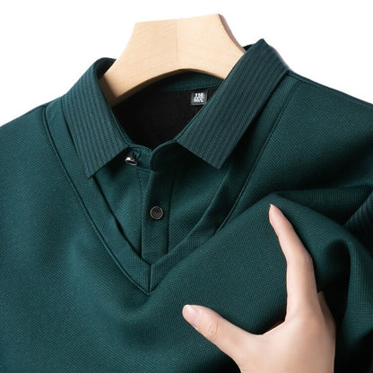 Autumn and Winter Fake Two-Piece Fleece-Lined Thickened High-End Boutique Men's Polo Shirt Middle-Aged and Elderly Warm Sweater Men Polo