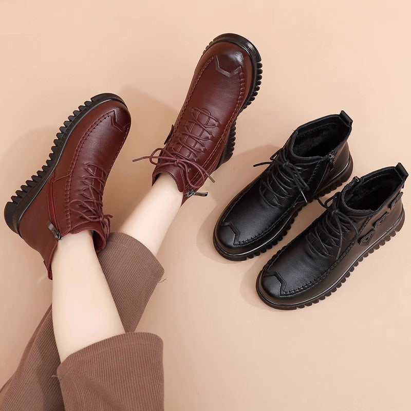 Mother's Shoes Cotton-Padded Shoes Women's Winter Warm with Velvet Middle-Aged and Elderly Flat Ankle Boots Soft Bottom Non-Slip Snow Boots Tendon Bottom Cotton Boots