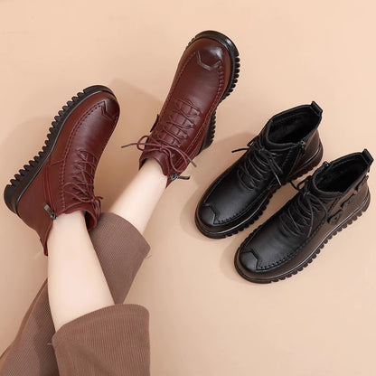 Mother's Shoes Cotton-Padded Shoes Women's Winter Warm with Velvet Middle-Aged and Elderly Flat Ankle Boots Soft Bottom Non-Slip Snow Boots Tendon Bottom Cotton Boots
