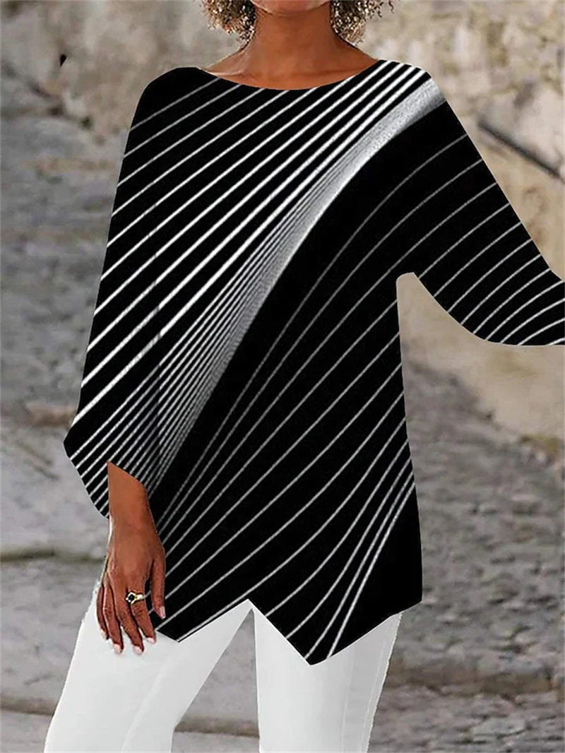 [In Stock] 2023 Amazon AliExpress Wish Cross-Border Spring and Summer Geometric Printed Long Sleeve Patchwork round Neck Shirt