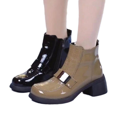 2023秋冬新款时尚英伦风中跟防滑加绒短靴粗跟漆皮马丁靴女批发