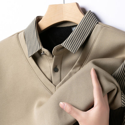 Autumn and Winter Fake Two-Piece Fleece-Lined Thickened High-End Boutique Men's Polo Shirt Middle-Aged and Elderly Warm Sweater Men Polo