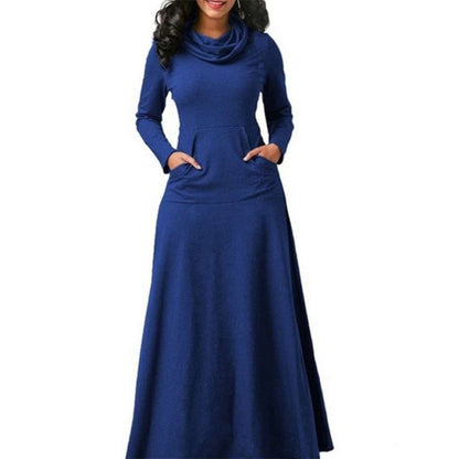 2023 Nou toamnă/iarnă culoare solidă patchwork cu buzunar eșarfă bumbac rochie maxi dress