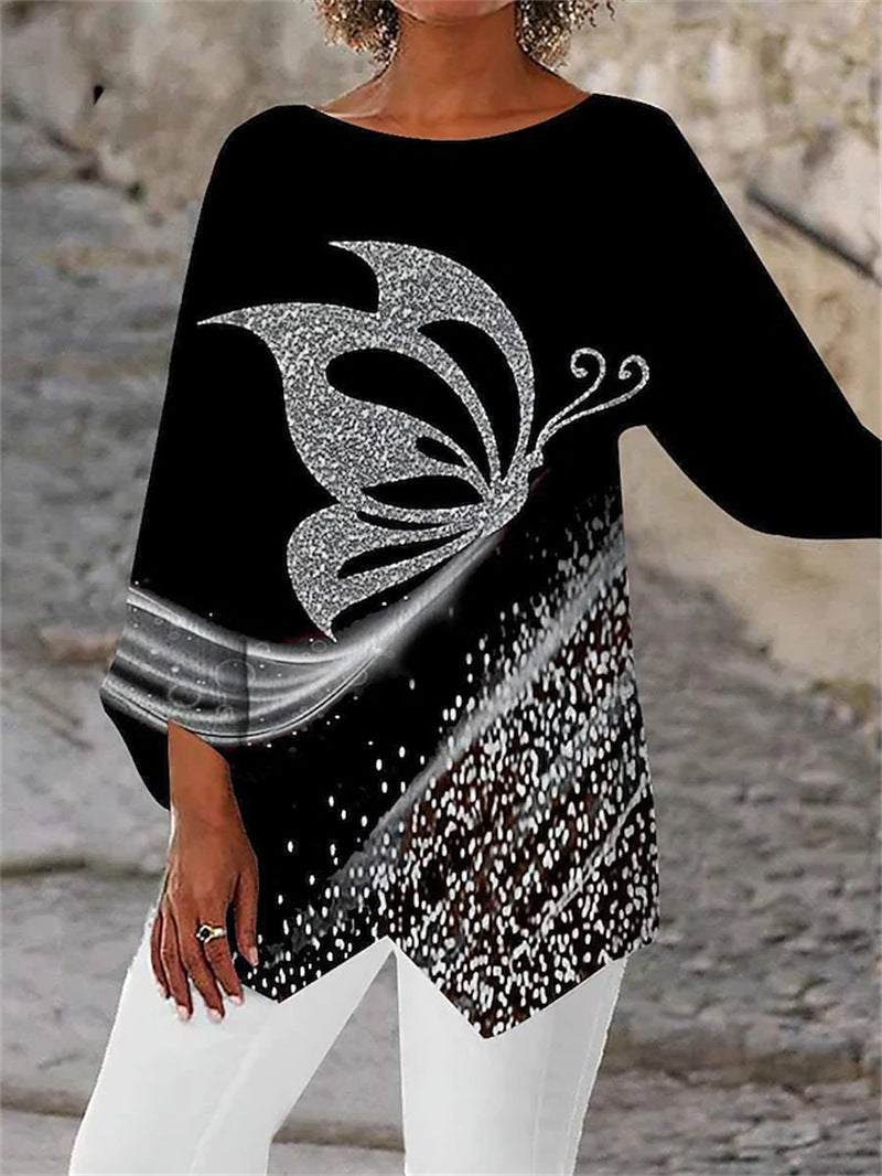 [In Stock] 2023 Amazon AliExpress Wish Cross-Border Spring and Summer Geometric Printed Long Sleeve Patchwork round Neck Shirt