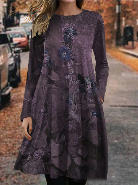 【S-8XL】2023 noua rochie casual cu maneca lunga cu imprimeu retro de toamna si iarna