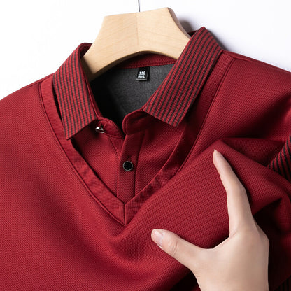 Autumn and Winter Fake Two-Piece Fleece-Lined Thickened High-End Boutique Men's Polo Shirt Middle-Aged and Elderly Warm Sweater Men Polo