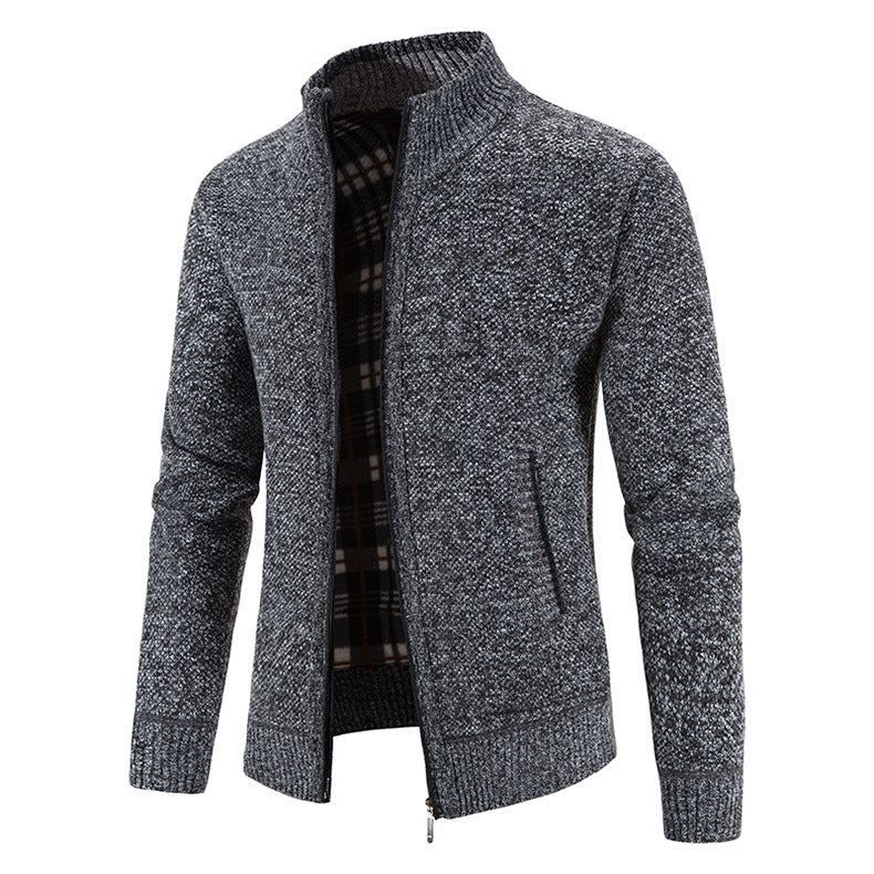 2023 Autumn and Winter Cross-Border Slim Men's Fleece-lined Thickening Stand Collar Cardigan Korean Sweater Coat Jacket