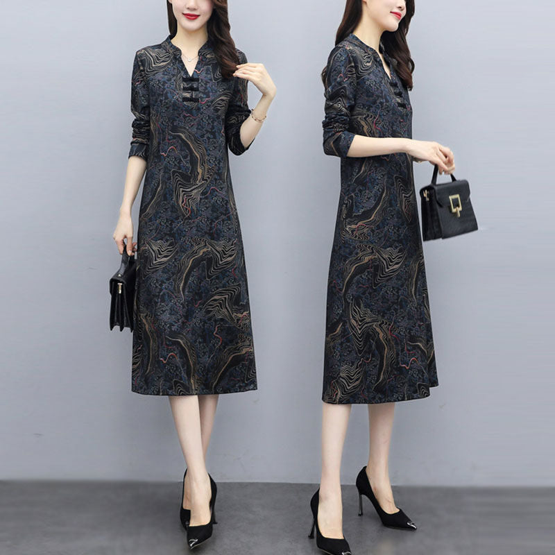 Spring and Autumn New Long-Sleeved Dress Cheongsam Improved Korean Style Fashion Loose Slim Looking Belly Covering Wide Lady Bottoming Dress