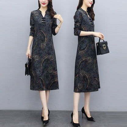 Spring and Autumn New Long-Sleeved Dress Cheongsam Improved Korean Style Fashion Loose Slim Looking Belly Covering Wide Lady Bottoming Dress
