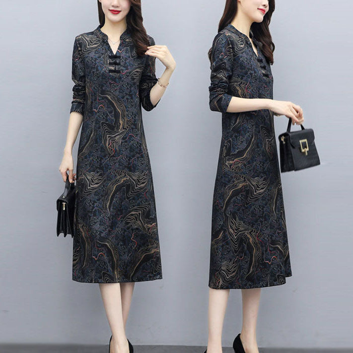 Spring and Autumn New Long-Sleeved Dress Cheongsam Improved Korean Style Fashion Loose Slim Looking Belly Covering Wide Lady Bottoming Dress