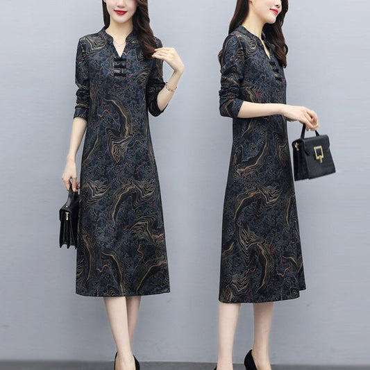 Spring and Autumn New Long-Sleeved Dress Cheongsam Improved Korean Style Fashion Loose Slim Looking Belly Covering Wide Lady Bottoming Dress