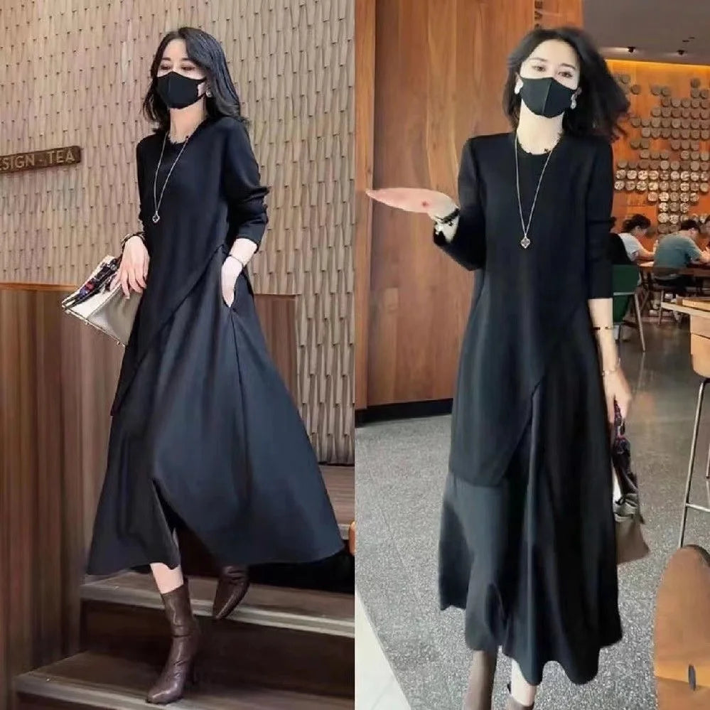 Pure Black French Style Slimming Long Sleeve Stitching Fake Two-Piece Dress for Women Autumn New round Neck Irregular Design