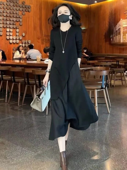 Pure Black French Style Slimming Long Sleeve Stitching Fake Two-Piece Dress for Women Autumn New round Neck Irregular Design