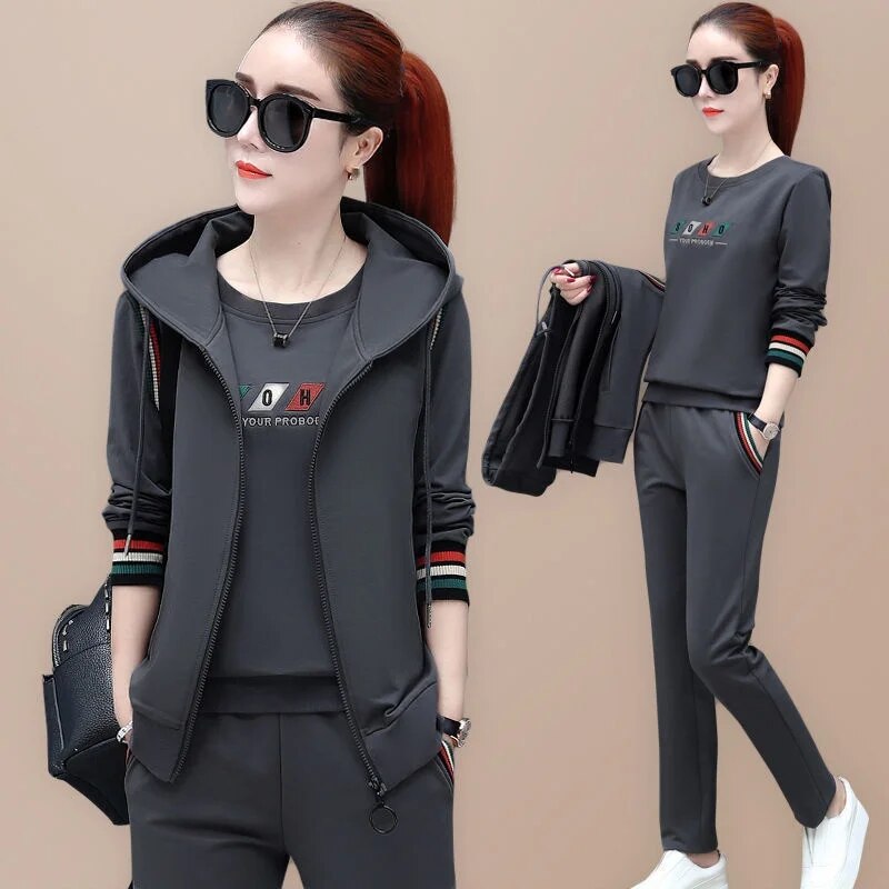 2023 Autumn Vest Fashion Three-Piece Set Women's New Korean-Style Long-Sleeved Sweater plus Size Casual Sportswear Suit Women's