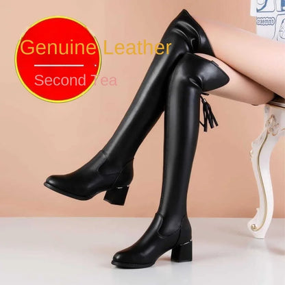 Boots Women's Soft Leather Stretch Boots High Leather Boots Autumn and Winter Fleece-lined Warm Pointed-Toe Fashion Chunky Heel over-the-Knee Boots