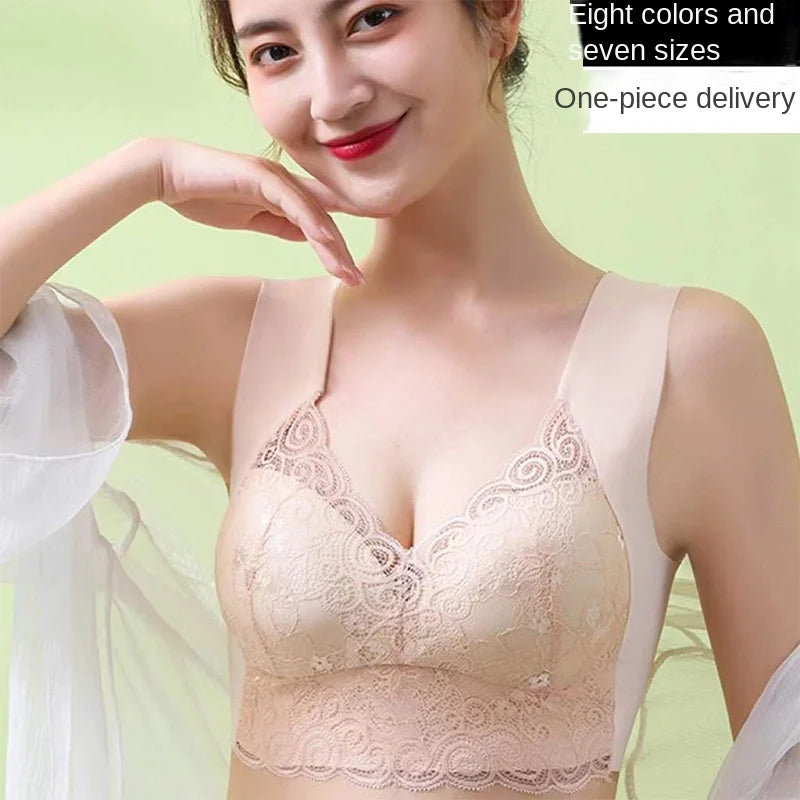 Push up Beautiful Back Underwired Bra Lace Chest Wrap Bra Underwear Fixed Integrated Cup Seamless Sleep Bra Vest
