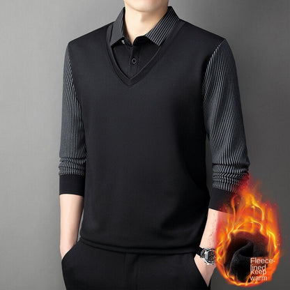 Autumn and Winter Fake Two-Piece Fleece-Lined Thickened High-End Boutique Men's Polo Shirt Middle-Aged and Elderly Warm Sweater Men Polo